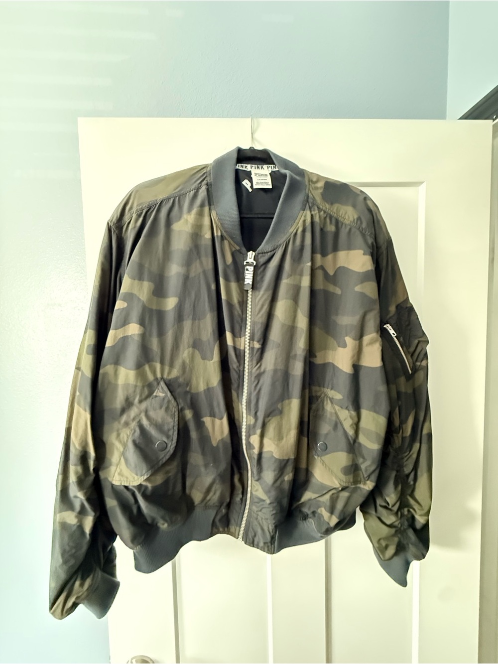 PINK Victoria's Secret Camo Bomber Jacket - Olive Green & Black
